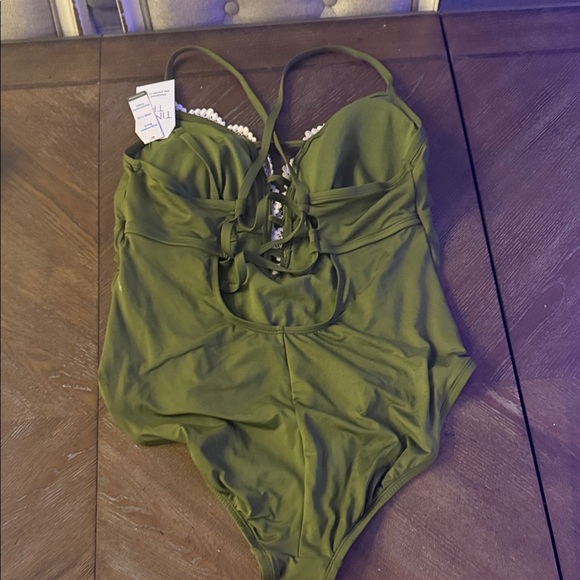 NWT size XL Olive Green One Piece Swimsuit with Lace Trim - Picture 5 of 5